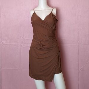 Urban Outfitters Brown Bodycon Ruched Sleeveless V Neck Mini Dress size Large